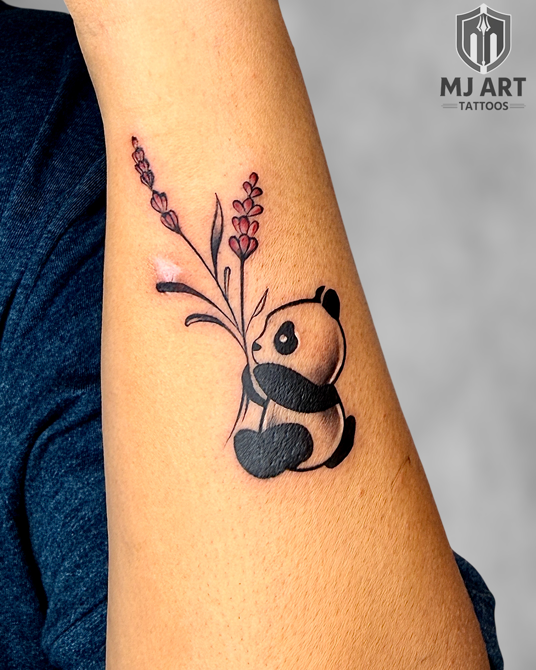Panda Lavender Flowers Forearm Tattoo