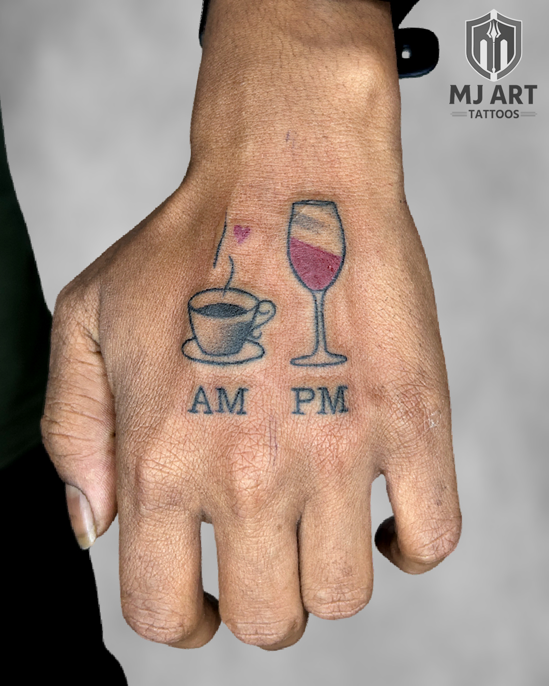 AM PM Coffee Wine Hand Tattoo