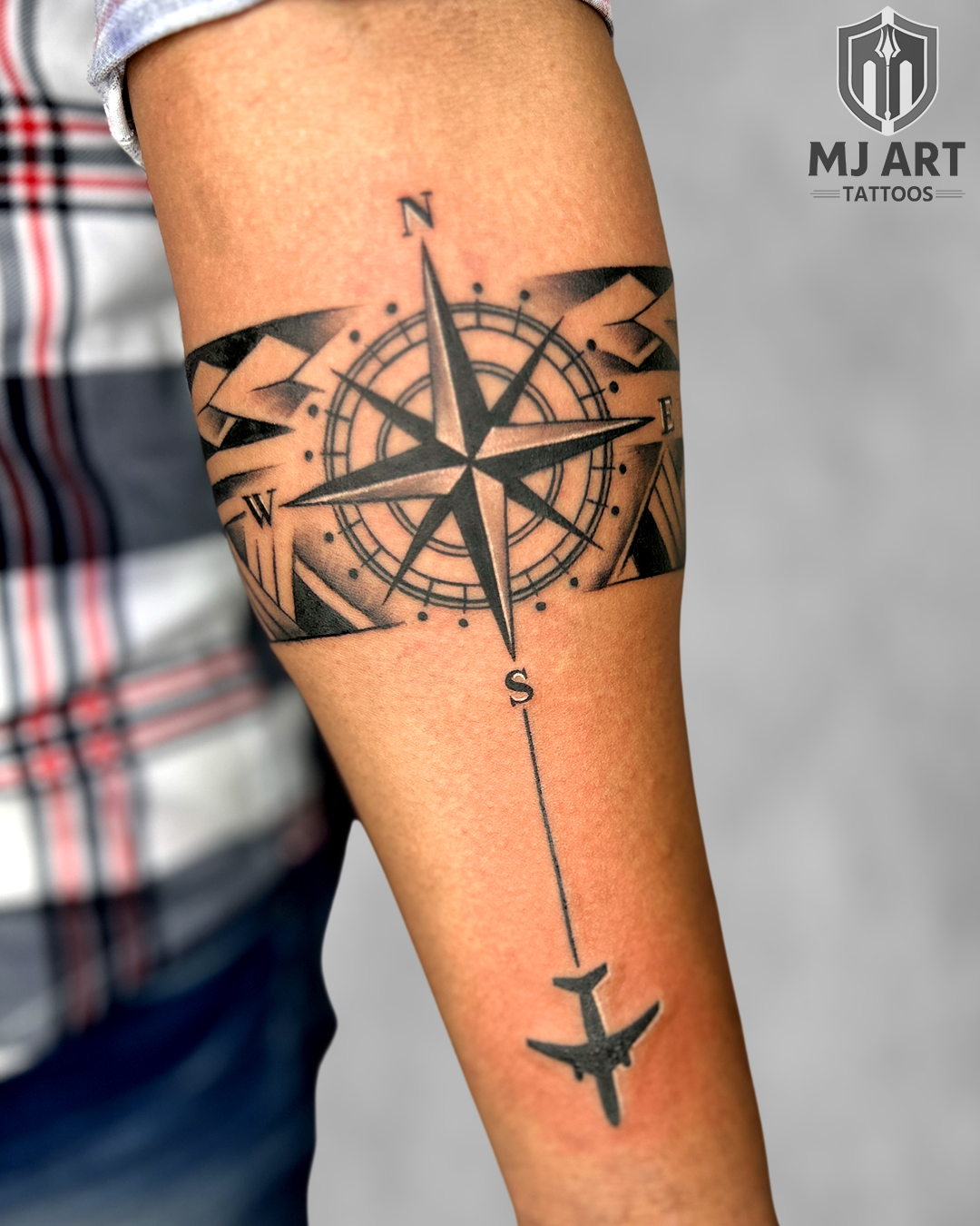 Compass Airplane Band Tattoo