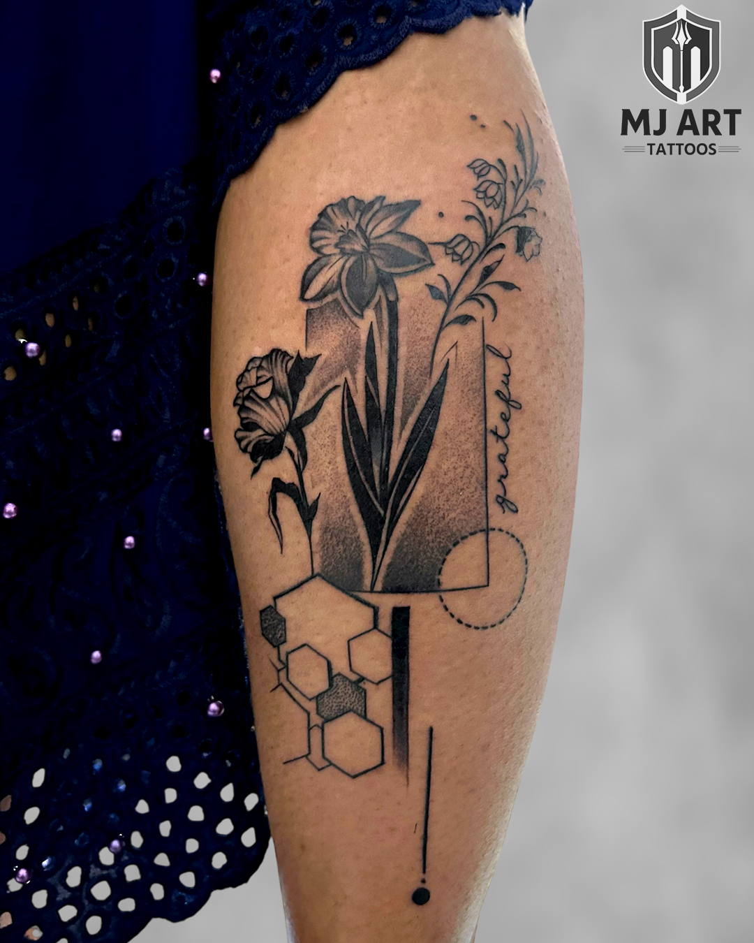 Botanical Geometric Leg Tattoo