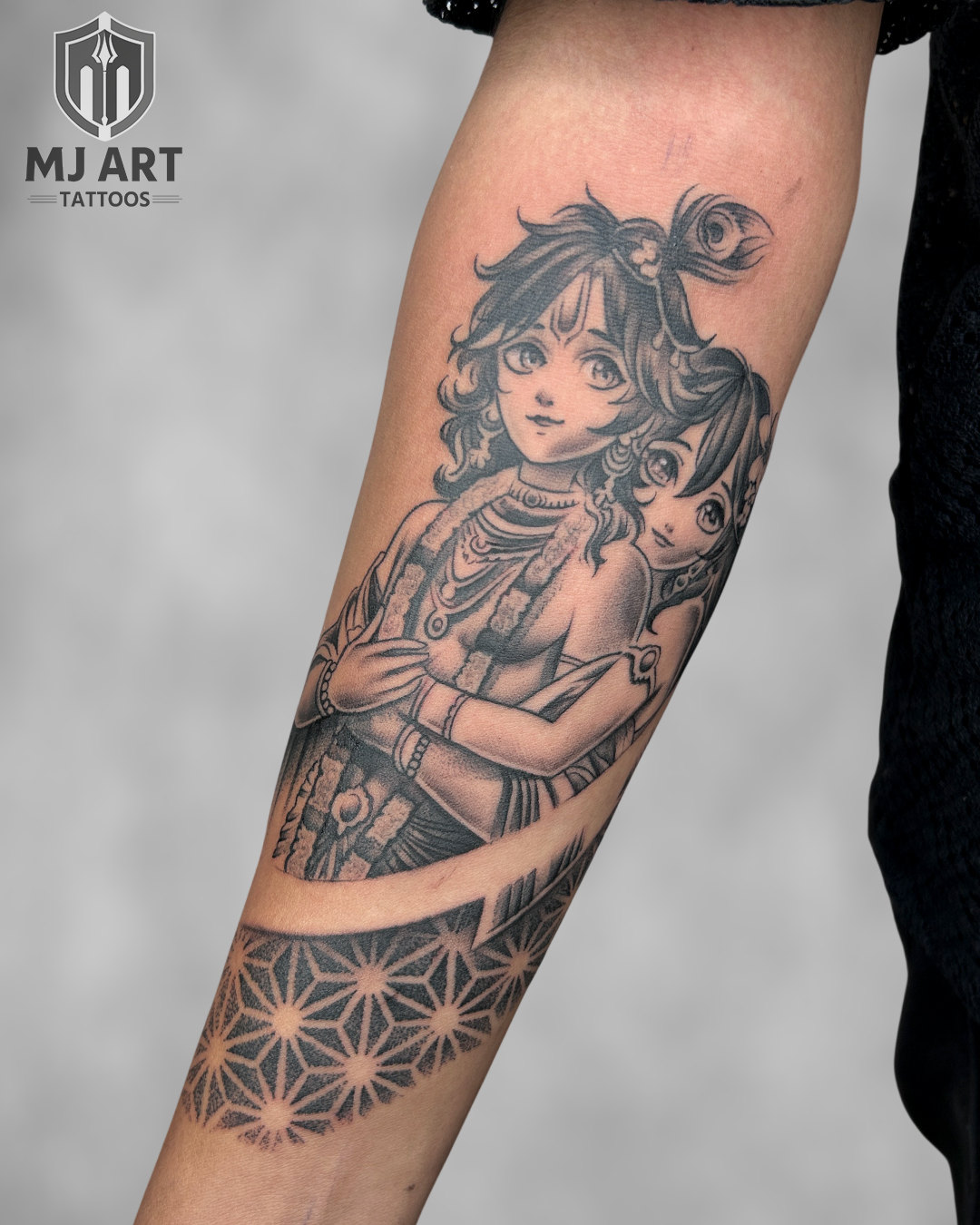 Anime Krishna Radha Forearm Tattoo