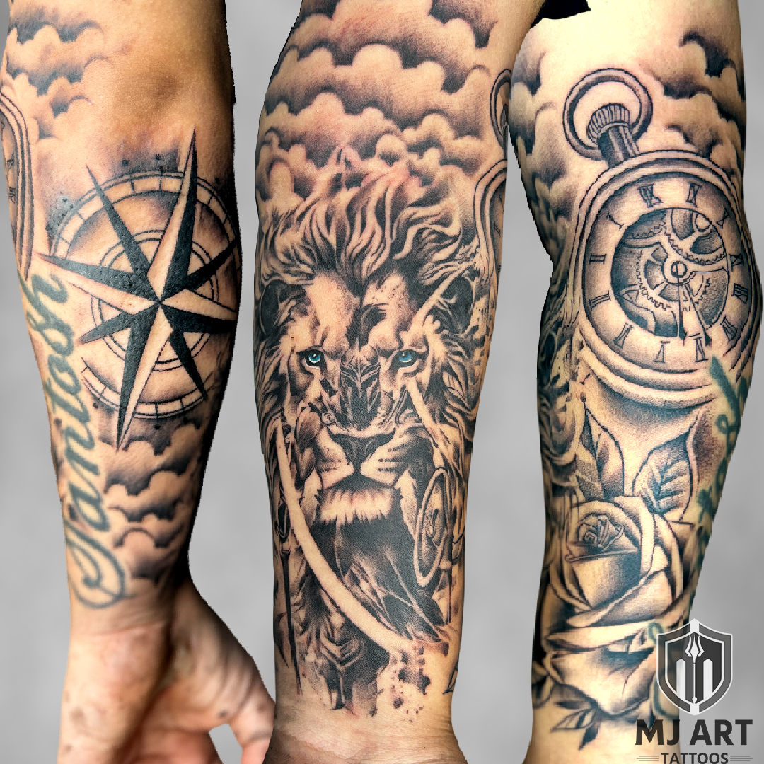 Lion Compass Clock Full Sleeve Tattoo