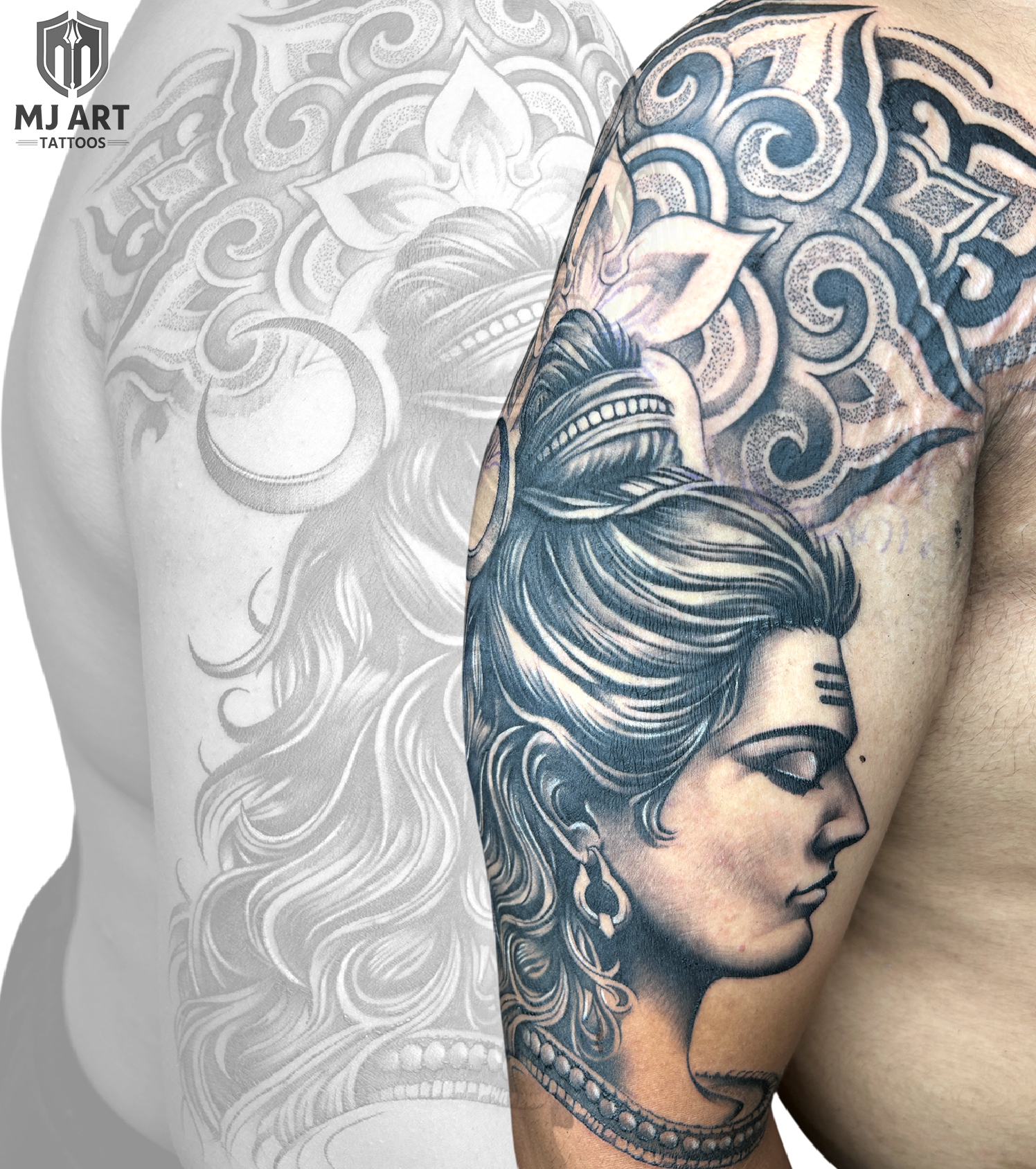 Shiva Portrait Mandala Sleeve Tattoo