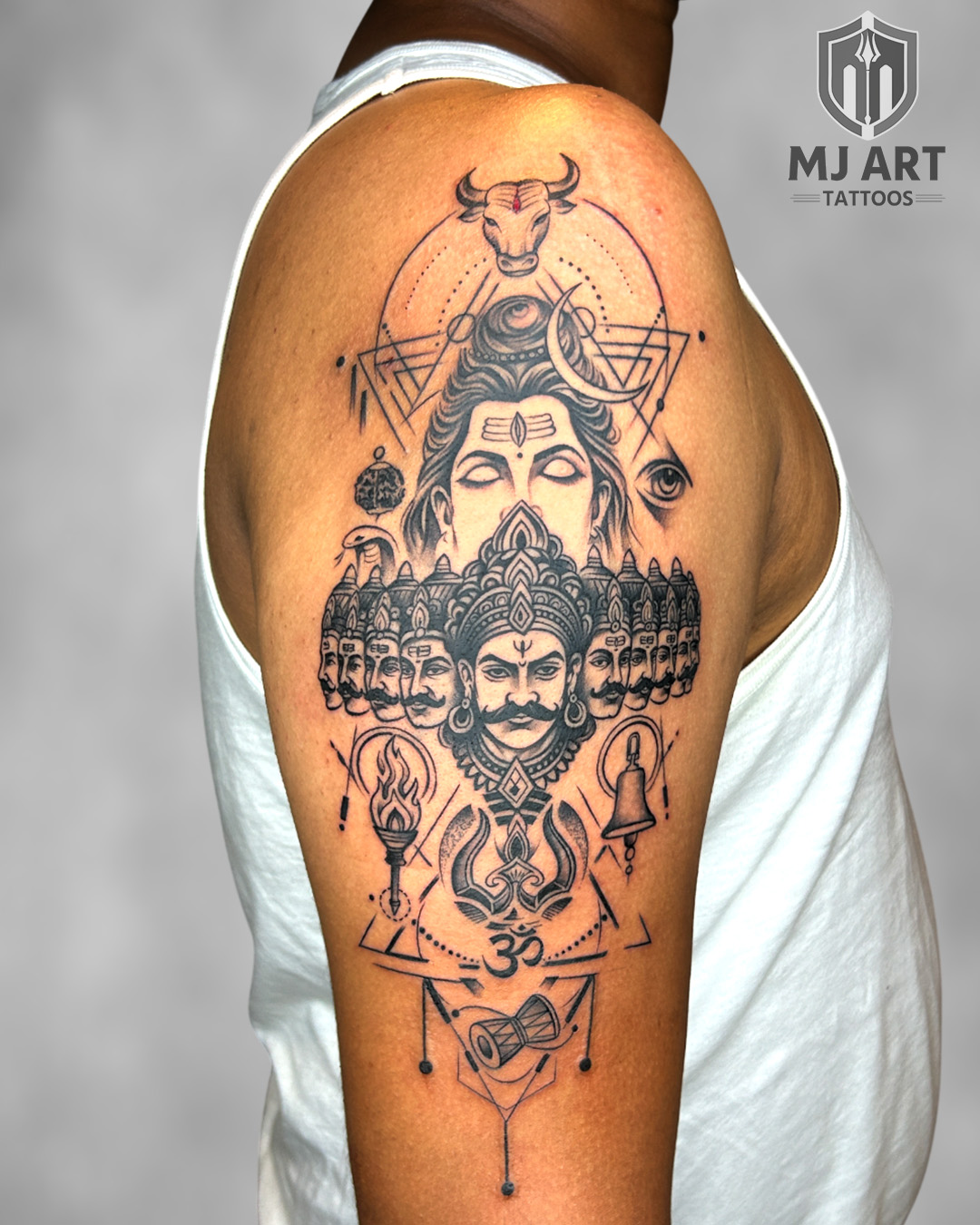 Shiva Ravana Religious Sleeve Tattoo