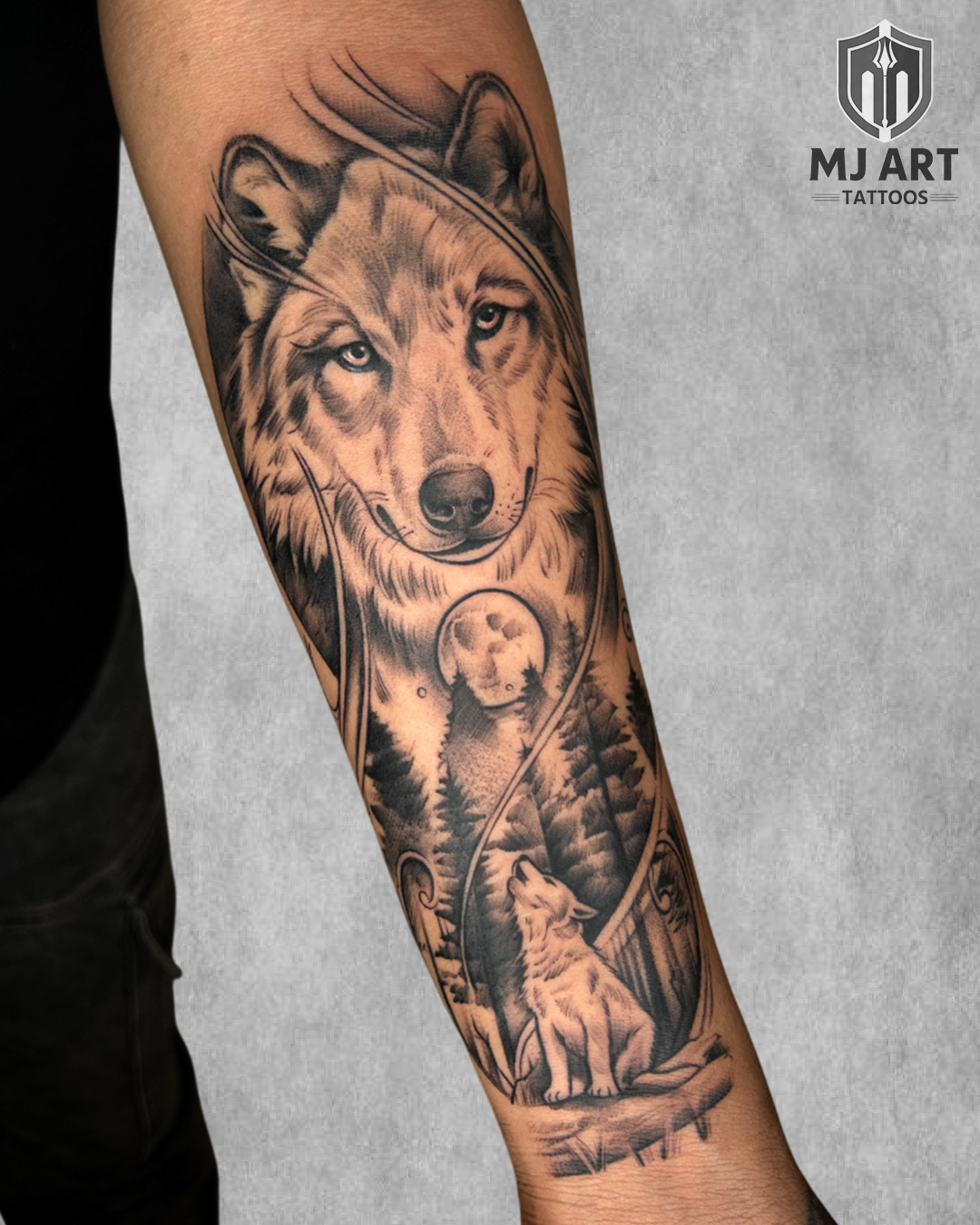 Wolf Moon Forest Realistic Forearm Tattoo