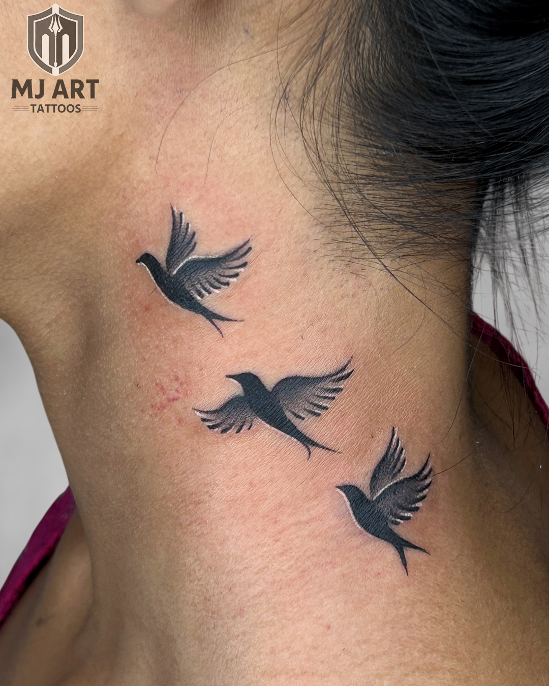 Three Flying Birds Neck Fine Line Tattoo