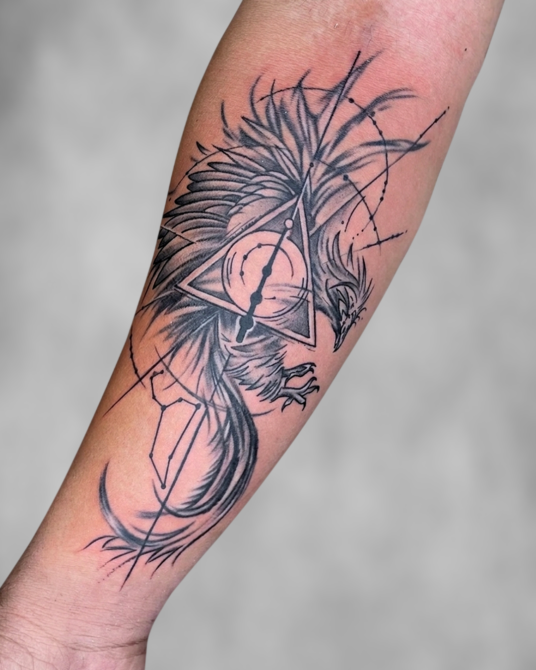 Phoenix Triangle Geometric Forearm Tattoo