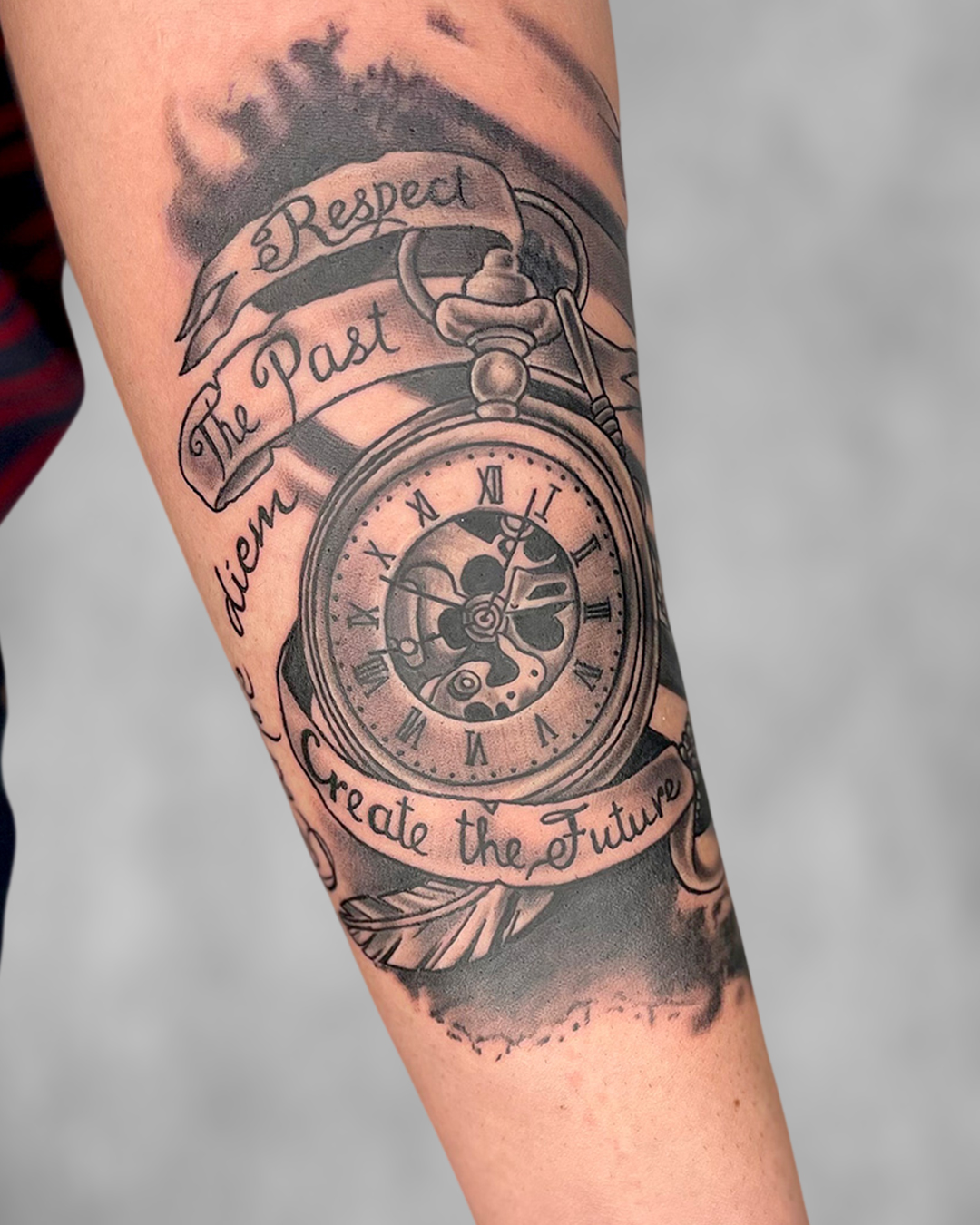 Pocket Watch Respect The Past Forearm Tattoo