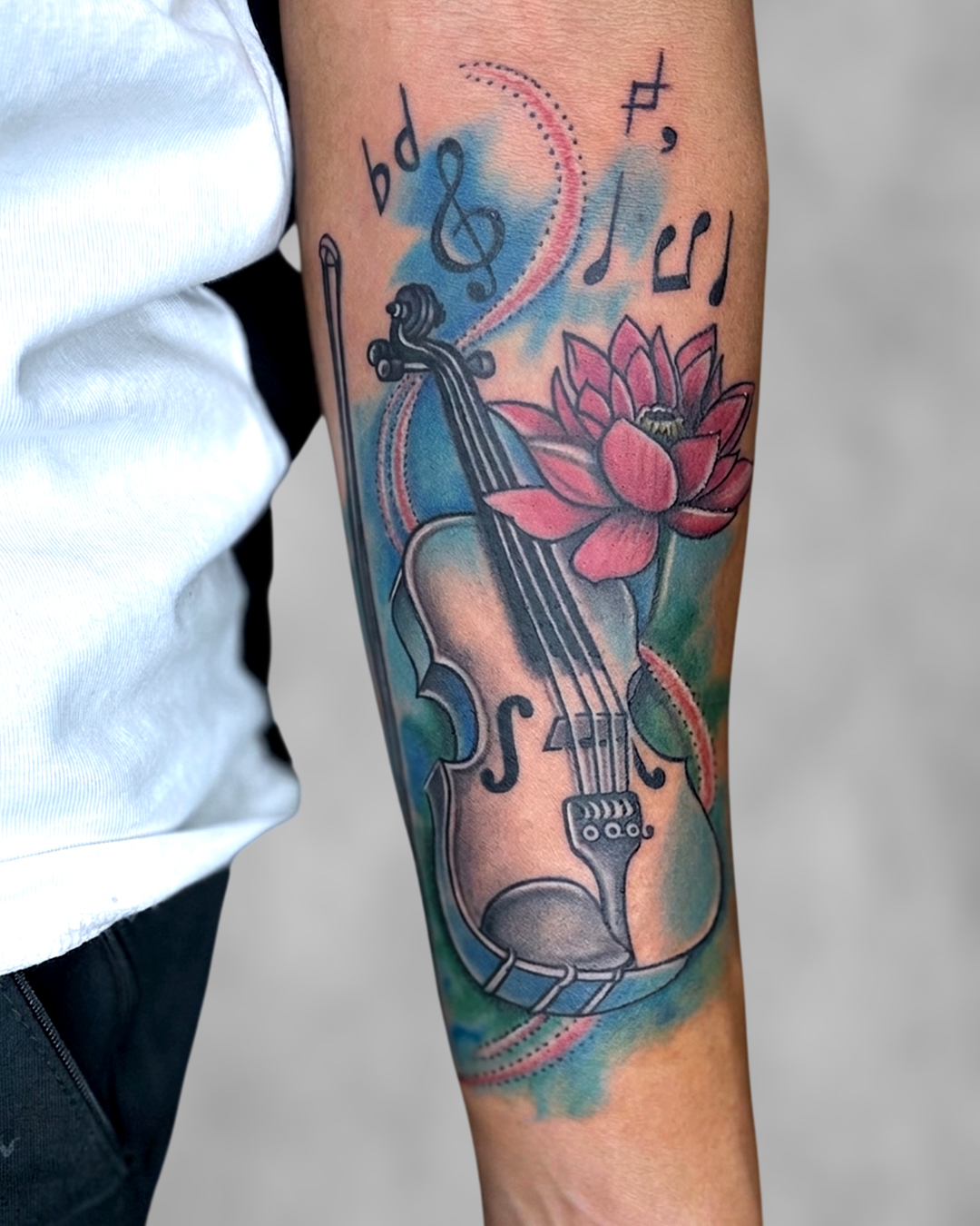 Violin Music Notes Colour Forearm Tattoo
