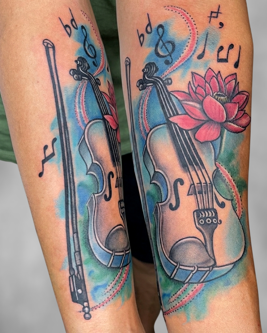 Violin Lotus Watercolour Forearm Tattoo