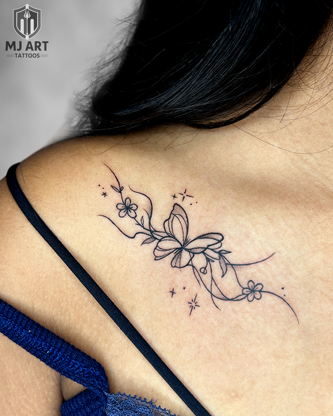 Line Art Butterfly Floral Collarbone Tattoo