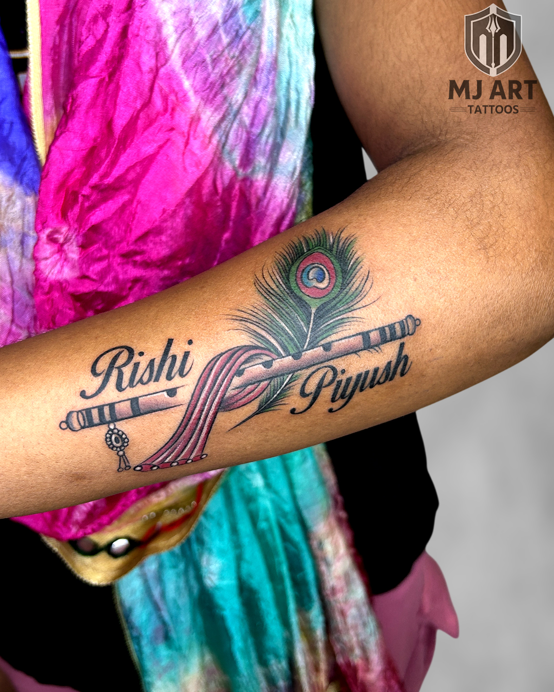 Krishna Flute Peacock Feather Colour Tattoo