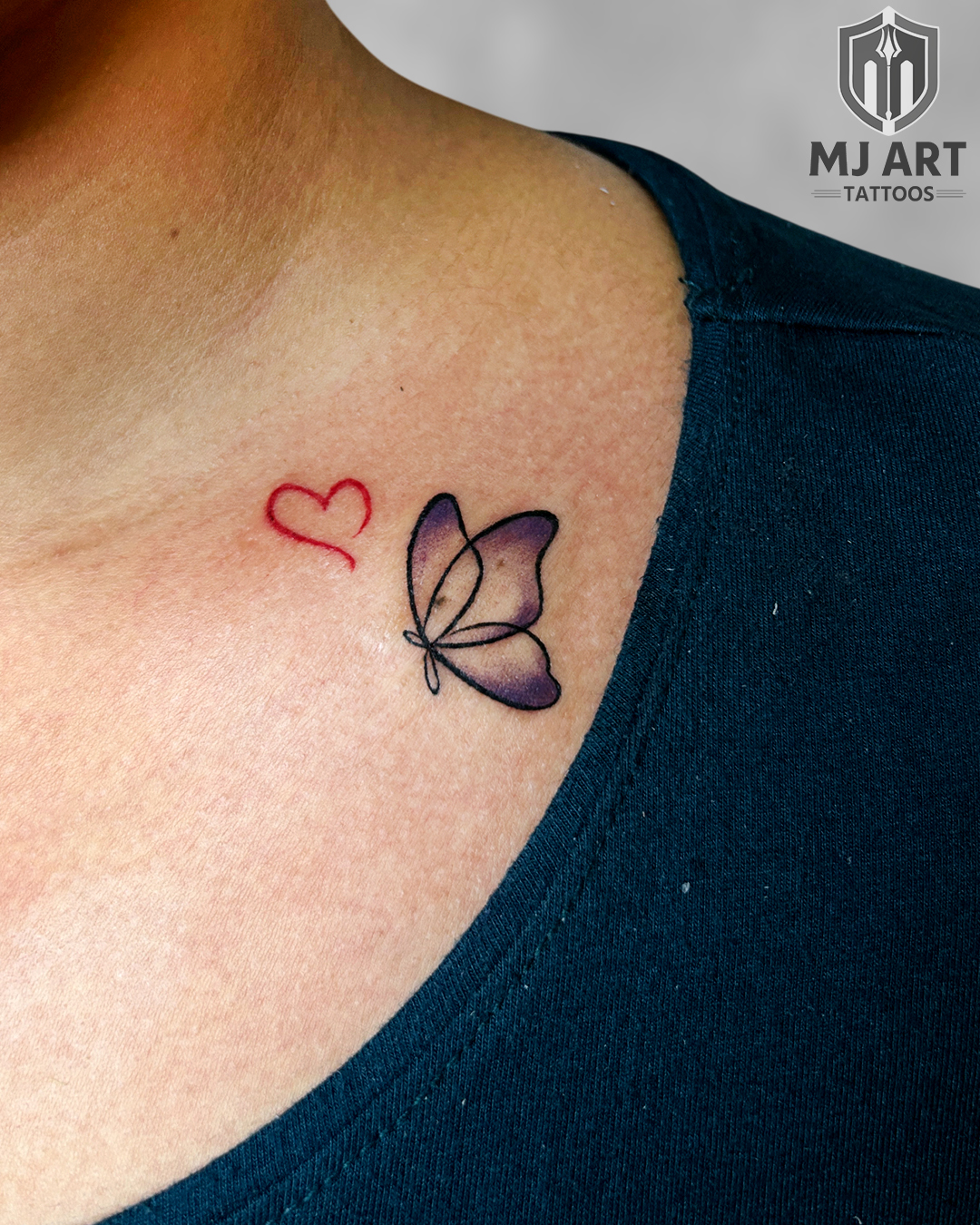 Purple Butterfly Heart Collarbone Tattoo