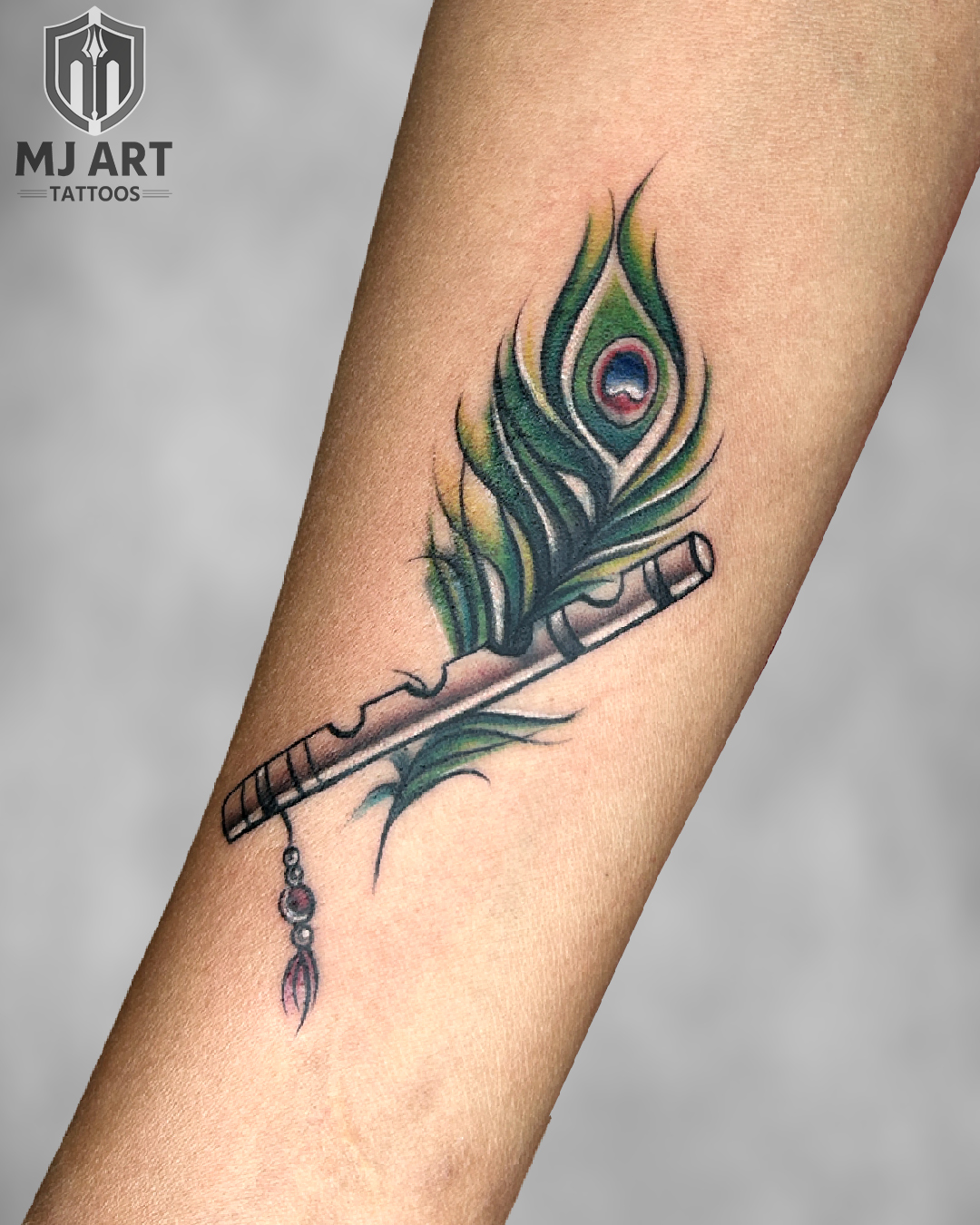 Krishna Flute Peacock Feather Colour Tattoo