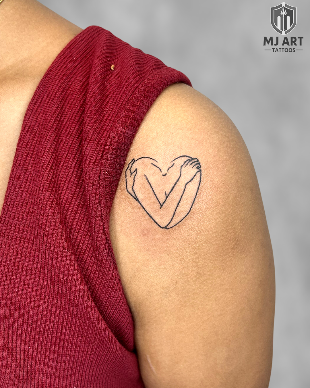 Self Love Arms Heart Line Art Shoulder Tattoo